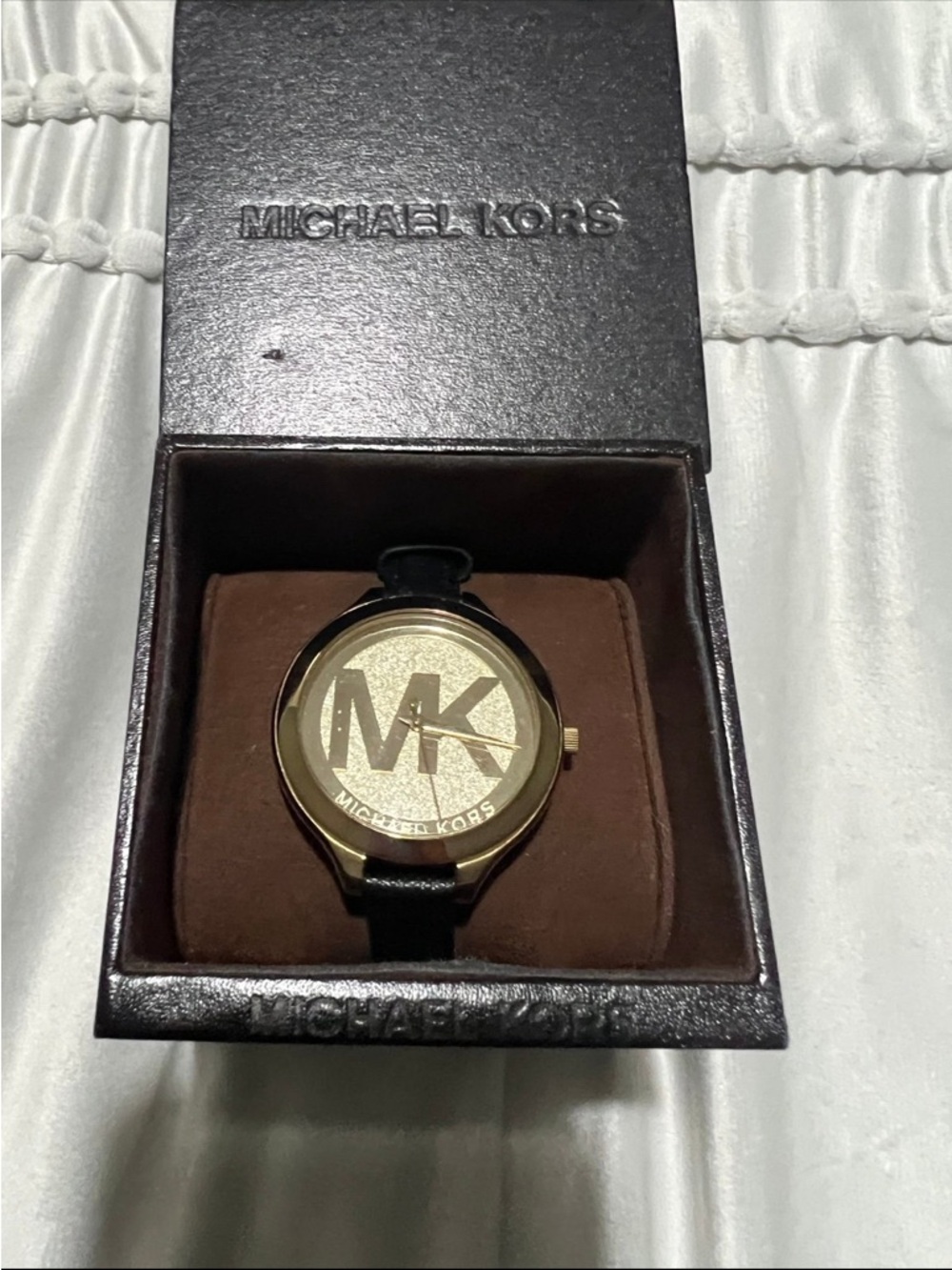 Michael Kors Gold Dial Watch with Black Leather Strap